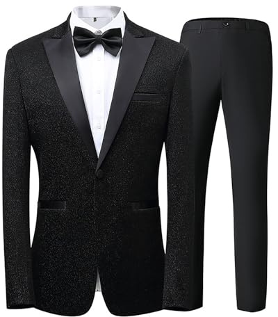 Tuta da jogging da uomo, tuta estiva per il tempo libero, 3 pezzi, con paillettes, un bottone, abito sottile e lucido, giacca, abito classico con vestibilità normale, Nero , 5XL