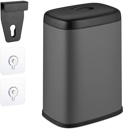 Relaxdays Cestino da Bagno, con Adesivo da Muro o Gancio per Anta, Pattumiera 5 L, Secchio Interno, in Ferro, Grigio