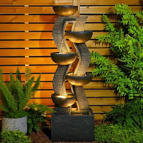 52.8 Tall Outdoor Water Feature and Waterfall with LED Lights, Cascading Bowl Garden Fountain Waterfall Feature for Patio, Garden Porch Decor – Large Freestanding Resin Water Fountain for Backyard