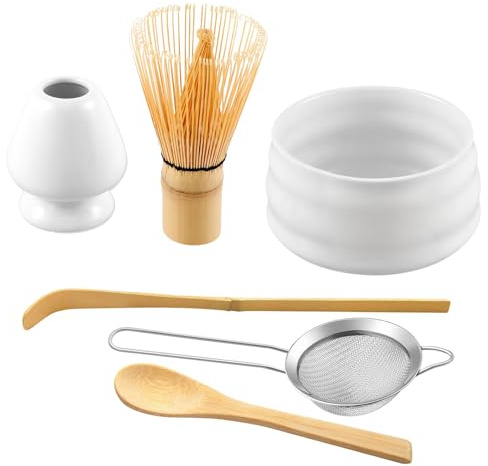 Yumzxin 6Pcs Japanese Matcha Tea Set Kit - Traditional Bamboo Whisk (Chasen), Scoop, Spoon, Stainless Steel Sifter, Ceramic Bowl & Holder - Complete Accessories