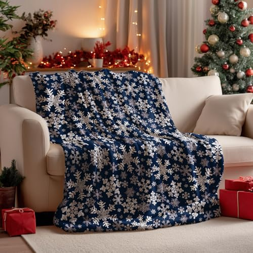 Horaldaily Weihnachten Flanell Decke werfen, blau Schneeflocken weich Fuzzy Plüsch gemütliche Fleece-Decken für Bett Sofa Couch Reisen Camping, 60x80 Zoll