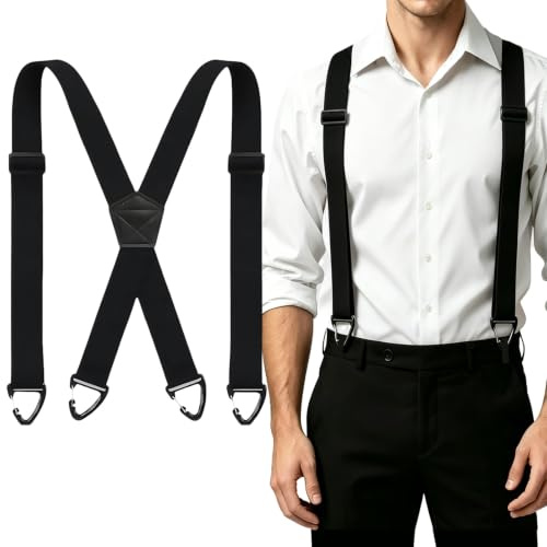 Mens Braces for Trousers with Strong Clips, Black Mens Braces for Men | Mens Trousers, X Back Hidden Suspenders Men with 4 Carabiner Clips Adjustable Trouser Brace Suitable Formal Pants and Jeans