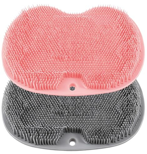 2 Stück Fußbürste Wäscher, Massagegerät Dusche mit Saugnapf, Rutschfestes Massagepad, Wäscher Massagegerät Dusche, Rückenschrubber für Dusche, für Fußpflege Entspannung, Gray, Rosa