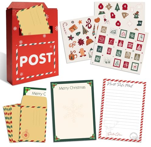 Lot de 50 feuilles de papier à lettre lutin - 50 papiers à lettre - 25 enveloppes de Noël - 3 feuilles d'autocollants - Calendrier de l'Avent