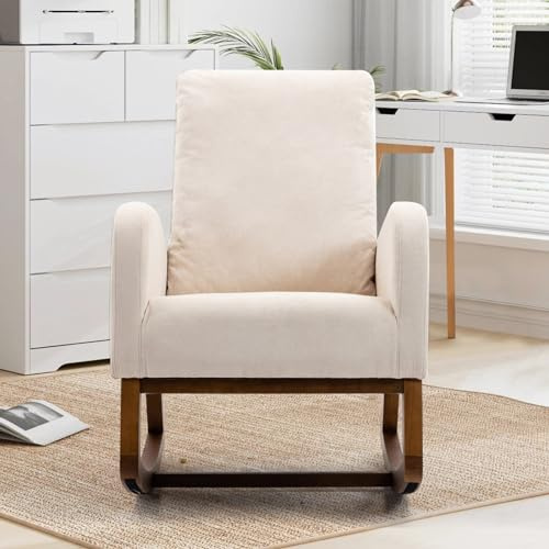 FEEOHOME Sessel für Babyzimmer, Schaukelstuhl, Schaukelstuhl mit Armlehnen und Taschen, Füße aus Holz, Freizeitstuhl für Schlafzimmer, Wohnzimmer, Beige, Frottee