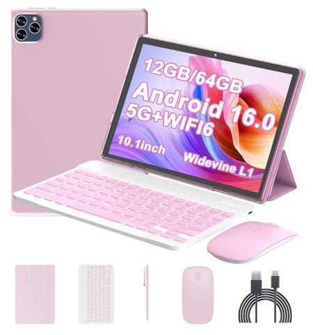 ICONLINK Android 16 Tablet 10 Inch, 12(3+9) GB RAM+64GB ROM, 2 in 1 Tablets with Keyboard Case Mouse Stylus, 2.0GHz Five-core Processor, 1280 * 800 IPS HD Screen, 5G WiFi6 BT 5.3 Tableta PC(Pink)