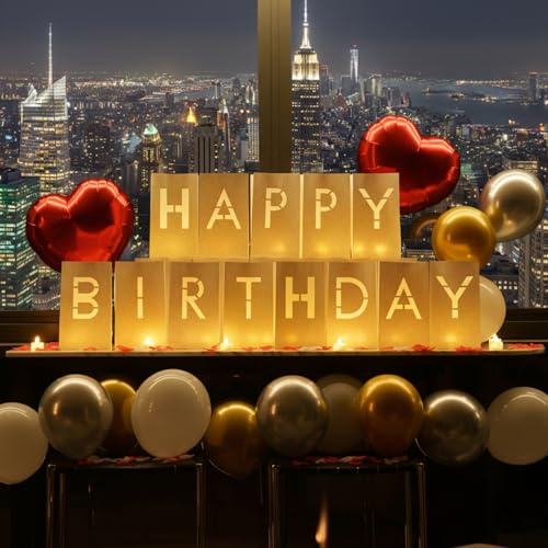 eufony Happy Birthday Decorations for Women and Men - Surprise Set with Light Up Letters Sign Luminary Paper Bags, 30 LED Tea Light Candles, Red Heart Balloons, 1000 Red & Pink Artificial Rose Petals