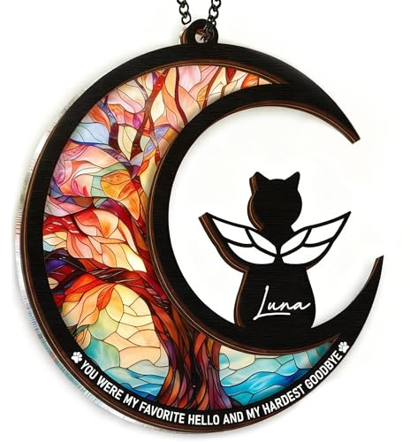 Cat Angel Memorial Suncatcher, Engraved Pet Memorial Ornament, Pet Sympathy Keychain, Rainbow Bridge Cat Loss Gift (moon and cat)