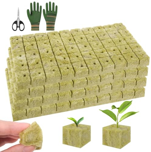 Kuvarix 200 Piezas Cubos de Lana de Roca, 2.5 x 2.5 x 2.5cm Cubos De Cultivo Hidropónicos ncluye Tijeras y Guantes, para Siembra Plantación Hidropónica Esquejes Agrícolas