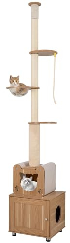 COSTWAY Kratzbaum deckenhoch, 257-276 cm, von Boden bis Decke, Katzenbaum mit Katzenhaus, Katzenkratzbaum hoch, Kletterbaum mit Plattformen, Raumkapsel, Sisal-Kratzstamm & Seil, Holz, Braun