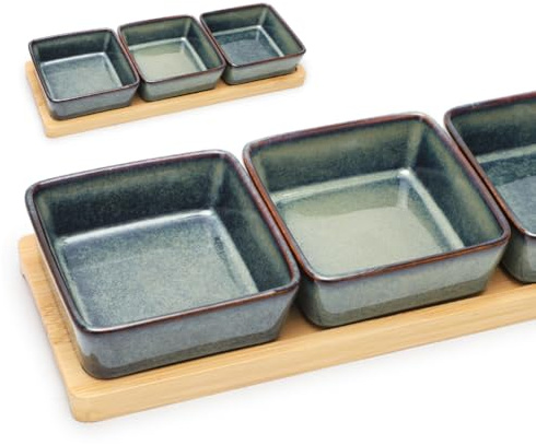 MIUUIPI 3er Dipschalen Set, Servierschalen Set mit Brett Holz, Quadratische Saucenschälchen, Snackschalen Keramik, Dip Schälchen für Snackschalen Marmeladen Dessert Konfitürene (Grüne Farbverläufe)