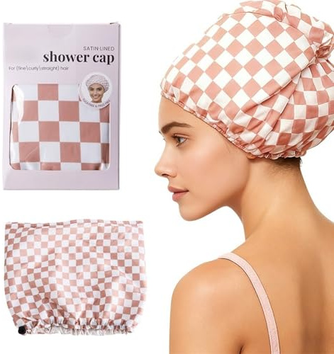 Satin-Lined Shower Cap | Adjustable Extra Large Bath Cap for Long & Curly Hair, Anti-Frizz & Waterproof with Wide Band & Luxury Design – Premium Shower Cap (Apricot)