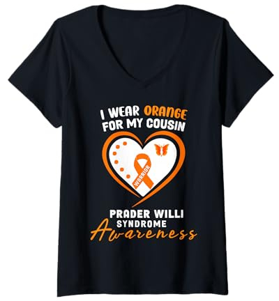 Mujer Llevo Naranja para la Conciencia del síndrome de Prader Willi de mi Primo Camiseta Cuello V