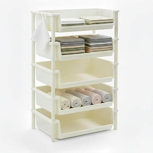 ABBAware 5-Tier Clothes Organizer | Storage Shelf for Clothes, Diapers, Towels | Ivory White Storage Easy-Access Open Trays with Hooks