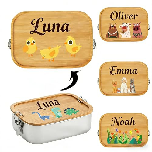 1200ml Personalizzato Lunch Box in Acciaio Inox Bento Box con Coperchio di Bamboo, Design con Nome e Animali, Contenitore Alimentare Riutilizzabile per Scuola, Picnics, Regalo Ecologico per Bambini
