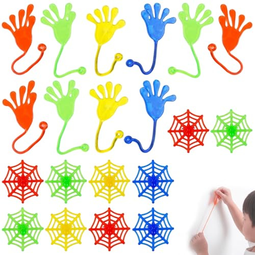 20 Stück Klatschhand und Klebehand Set, Glibberhand Spielzeug für Kindergeburtstag Mitgebsel, Klebrige Gummihand & Spinnennetz, Gastgeschenke für Jungen und Mädchen, Bunt