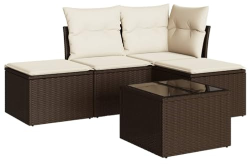 Qnhdfrt 5-teiliges Gartenmöbel Set aus Poly Rattan, Loungeset mit Tisch, 2 Hockern, Eck- und Mittelsofa, inkl. Sitzkissen, Braun für Terrasse, Balkon und Garten