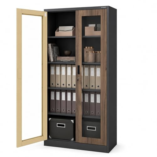 Jan Nowak Metallschrank mit Vitrine, Aktenschrank Büroschrank 185x90x40 cm | Vitrinenschrank und Glasschrank abschließbar für 50 Ordner, 4 verstellbare Fachböden je 50 kg, Dreipunktschloss, Stahl 0,6 mm