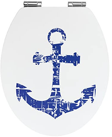 WENKO Premium WC-Sitz Shore, Toilettensitz mit Easy-Close Absenkautomatik, WC-Deckel für sanftes Deckelschließen mit rostfreier Hygienebefestigung, MDF, FSC® zertifiziert, 37,5 x 44 cm, Weiß-Blau