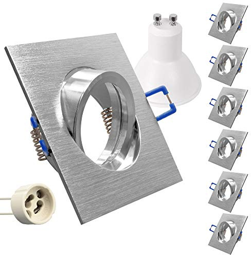 6x Hochwertiger LED Einbaustrahler Aluminium gebürstet schwenkbar mit GU10 Fassung 230V eckig + 5W LED neutralweiß Einbauleuchte Einbauspot Rahmen Rostfrei Deckenspot Strahler Spot Alu 5104