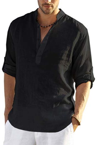 COOFANDY Men's Cotton Linen Henley T-Shirts Long Sleeve Casual Beach Shirts