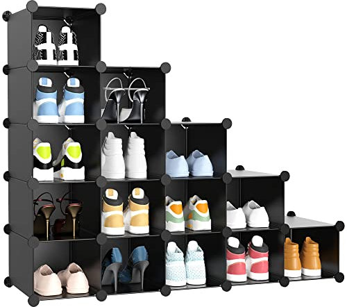 HOMIDEC Shoe Rack, DIY Wardrobe 16 Cube Closet Organizer, Storage Bookshelves Bookcase, Interlocking Shelving Unit, Home Solutions Unit for Clothes Books Toys-Black