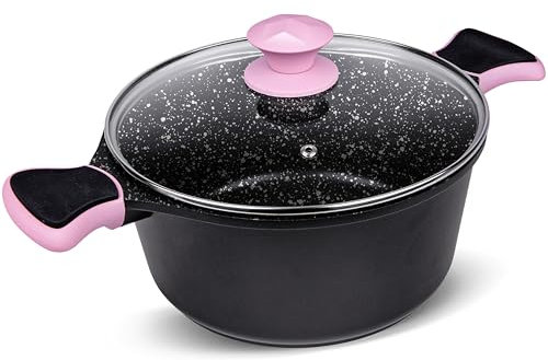 La Moustache - Cacerola Alta 28 cm, Aluminio Fundido con Antiadherente y Antirayaduras para Todas las Cocinas, Incluida Inducción, Sin PFOA, Tapa de Cristal, Asas de Silicona (Negro/Rosa)