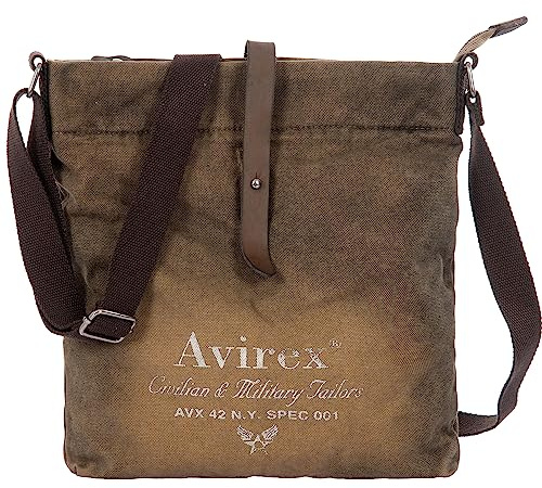 Avirex Borsa a Tracolla in Canvas e Pelle Bovina, Messenger Piatta, in Stile Militare, Collezione 140506 CNV0F (Verde Kaki)