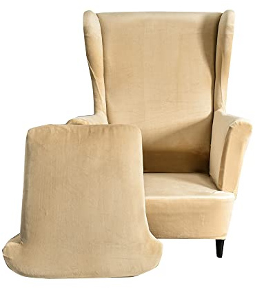 Highdi 2Teilig Ohrensessel Überzug aus Samt,Sessel-Überwürfe Ohrensessel Schonbezüge Bezug Sesselhusse Elastisch Stretch Tiger Stuhlbezug mit Armlehne Hohe Rückenlehne Universal (Beige)
