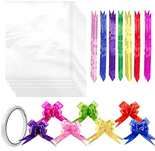 Klares Cellophan Geschenkfolie 70x70cm Transparent Zellophanfolie Cellophanfolie Durchsichtiges Geschenkpapier mit Geschenkschleife für Geschenke Körbe Blumen Kunsthandwerk Leckerli Weihnachten 20Set