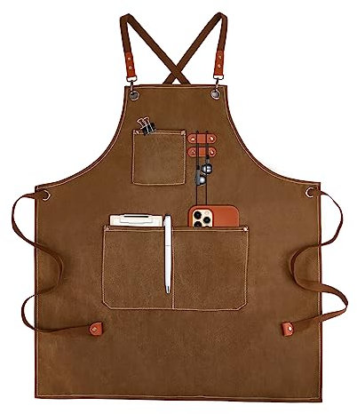 Canvas Work Aprons for Men with Pockets,Adjustable Strap and Large Pockets Apron,Kitchen Cooking Baking Chef Apron (Brown)