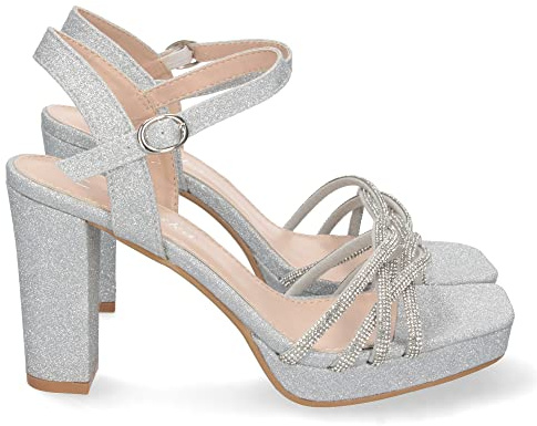 shoes&blues.es Sandalia de Tacon para Mujer, Comoda, de Material Brillante, con Palas Cruzadas, y Cierre de Hebilla, Otono Invierno 2022