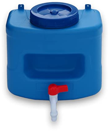 Varile Dispensador de agua de 10 litros con jabonera para camping, garaje y exteriores, resistente a la intemperie, resistente a los rayos UV con posibilidades de suspensión
