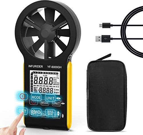 Rechargeable Anemometer Handheld, Digital Smart Touch Wind Speed Meter,Portable CFM Wind Speed Gauge for Air Flow Velocity Temperature Measurement,HVAC Wind Anemometer Outdoor(INFURIDER YF-6000GH)