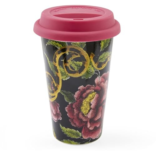 Spode Creatures of Curiosity Collection Travel Mug with Lid, Tumbler for Coffee and Tea, Water Cup, 10-Ounce, Dark Floral Motif, Dishwasher and Microwave Safe