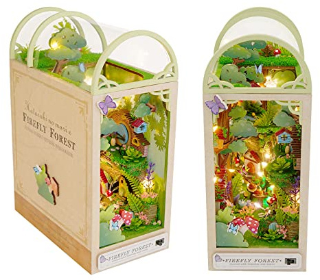 Cuteefun DIY Book Nook modellkit, bokhylla insats, 3D-pussel, miniatyr dockhus med möbler, modell att bygga (eldflugaskog)