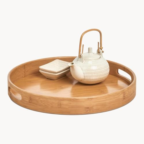 LOLAhome Bandeja Redonda con Asas de Bambú Natural de Ø 40 cm de diámetro y 5 cm de alto para Servir Comida y Desayunos