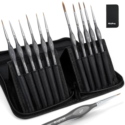 Nicpro 11 Piezas Pinceles de Pintura Miniatura Kolinsky Sable con Detalles Finos para Modelos, Acuarela, Aceite Acrílico, Cerámica, Cara, Ciudadela, Kit de Artista Fino con Soporte de Nailon