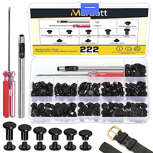 Mardatt 222 Stück Chicago Schrauben, M5 x 4/5/6/8/10/12 mm Schraubnieten, Metall-Schlitzschraubenbolzen, Ledernieten mit Setzwerkzeug für DIY-Lederhandwerk und Dekoration (schwarz)