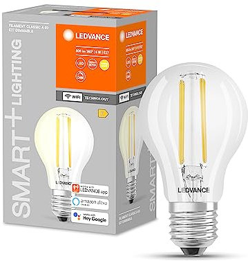 LEDVANCE Lampada LED intelligente Tecnologia WiFi, base E27, Dimmerabile, Bianca Calda (2700 K), Controllabile con Alexa, Google Assistant e Samsung SmartThings, SMART+