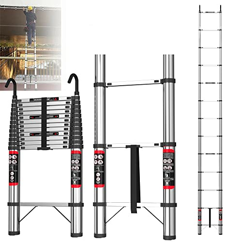 Telescopic Ladder 5 m with Hook, Extendable Stainless Steel Ladder, Non-Slip Ladder, Telescopic Design Ladder, Multifunctional Folding Ladder 12 Rungs, Maximum Load 150 kg