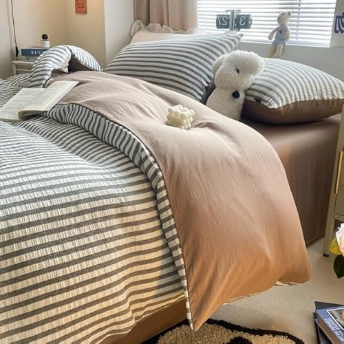OWNPET Juego de Ropa de Cama de Seersucker a Rayas Estilo Ins, Funda de edredón, sábanas Planas, Funda de Almohada, Juego de sábanas, Funda de edredón Suave, Juego de Ropa de Cama