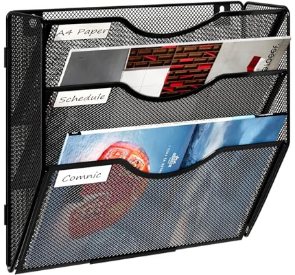 Solinxe Vägghängande filhållare 3 nivåer väggmonterad pappersorganiserare tidningsarkivhållare förvaring organisatör, svart