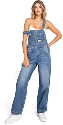 Lana Roux 90s Retro Dungaree Utility Denim Twill Jumpsuit Overalls (Medium Wash, Small)
