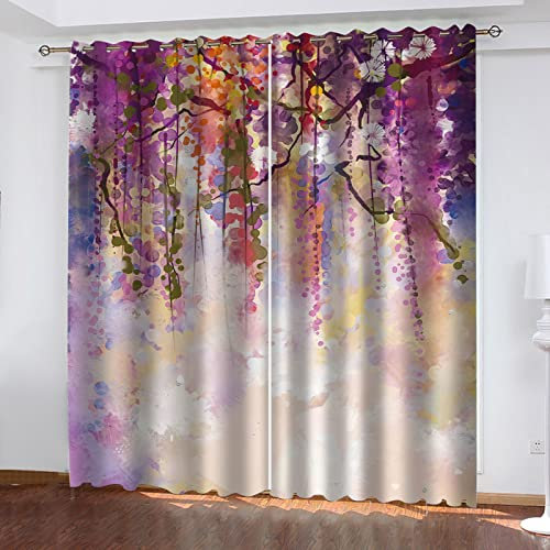 Blickdichte Vorhänge Mit Motiv 3D Aquarell Lila Blumenranke Kinder Gardinen Blickdicht Ösen Gardine Thermo 264x214 cm Schlafzimmer Kinderzimmer Vorhänge Dekoratives Muster, Verdunklungsvorhänge