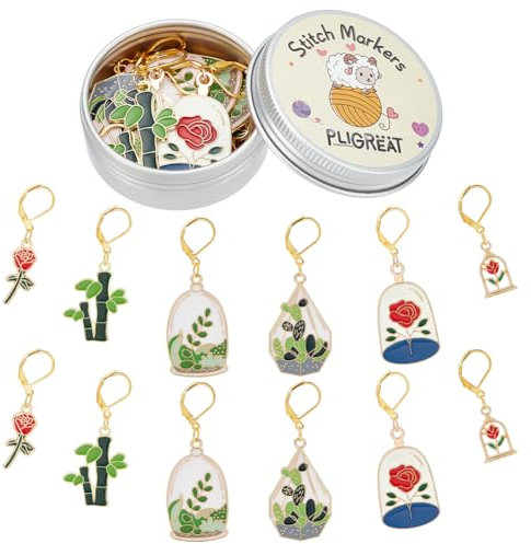 PLIGREAT 12 Pcs Rose Flower Plants Charms Crochet Stitch Markers Knitting Row Counter Locking Marker with Storage Tin Box for Grandma Mom Gift Knitting Tool Kit DIY Crafts Jewelry Making Accessories