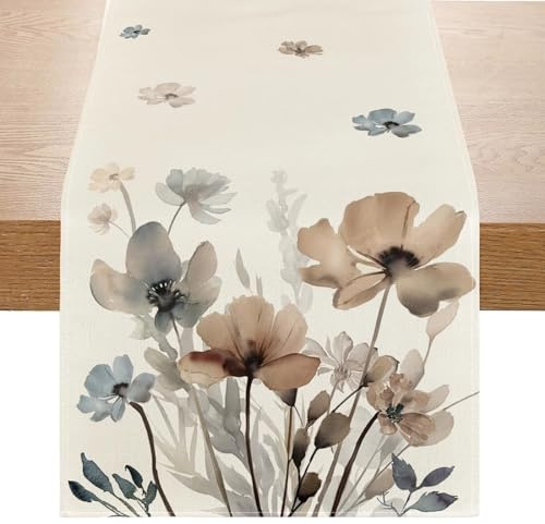 Avoik Tischläufer Mode Mohnblumen Tischläufer Frühling Sommer Braun Wohnzimmer Abstrakt Tischdecke Leinen rutschfest Tischband Küche Tisch Dekoration für Esszimmer Party Drinnen Urlaub 33x180cm