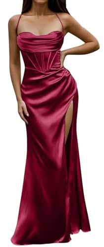 Abendkleid Damen Lang - Maxikleid Damen Trägerkleid, Rückenfreies Kleider Damen Sexy Korsett Satinkleid mit Schlitz Seidensticker Abendkleider Elegant Ballkleid Partykleid Abiballkleider