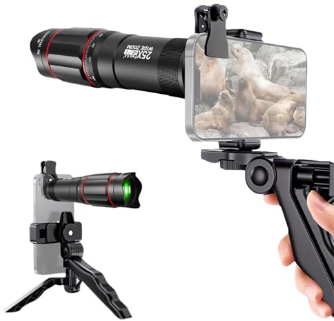 Andoer 25X Telephoto Lens Kit with Phone Clip, Phone Holder, Cleaning Cloth, Tripod for Hiking, Camping, Wildlife Watching, Sports Games