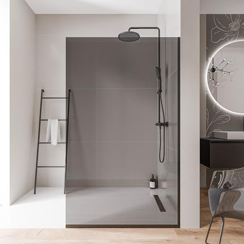 Bernstein Walk-In Dusche EX102 - Duschabtrennung 140 x 200cm, 10 mm Graues ESG-Sicherheitsglas, Nano-Beschichtung, Schwarz Edelstahlprofile, Glaswand, Glastrennwand, Ebenerdige Dusche mit Bodenprofil